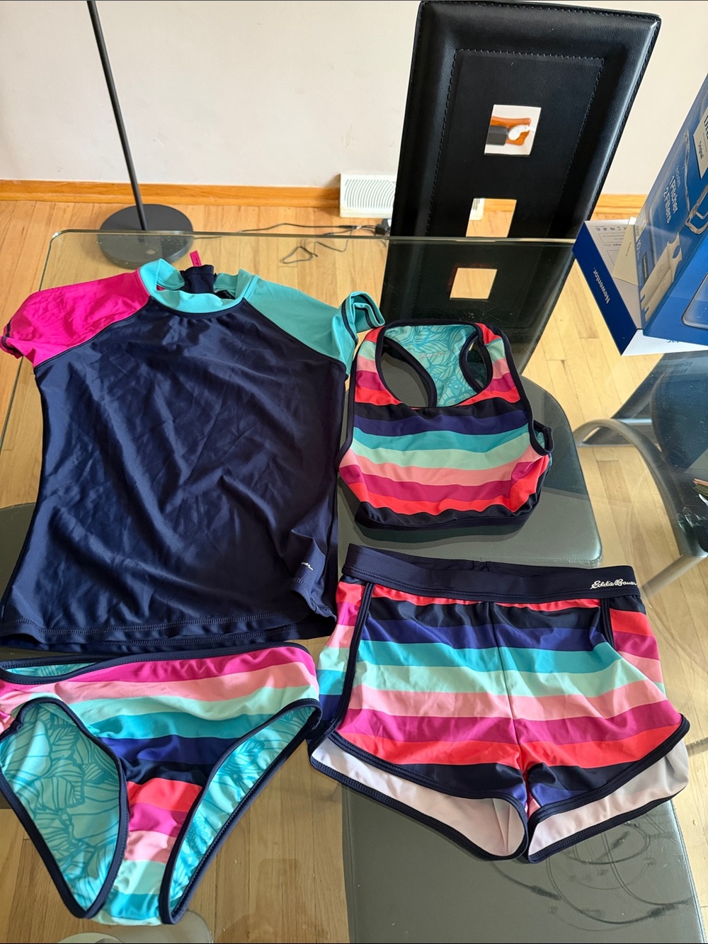 Girls' Multi-Stripe Swim Set - Navy, Pink & Teal